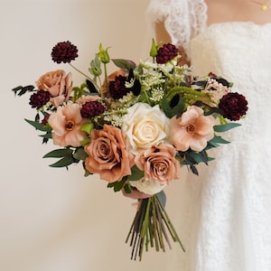 Rustic boho Wedding Bouquet,Burgundy Artificial Faux Flowers Home Wedding Decor,Bridal Bridesmaids bouquets,