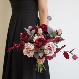 Burgundy Red Rustic boho Wedding Bouquet, Silk flowers bridal bridesmaids bouquets,Home Decor