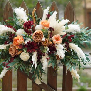 Burgundy flowers, White Pampas Flower Arch Arrangement, Boho Wedding Decor, Wedding Backdrop, Swag For Arch