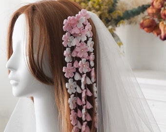 Handmade Japanese Traditional Tsumami Kanzashi Hair Clip Pin Kimono Yukata Outfit Wedding Ornament Bride Pink sakura cherry blossom