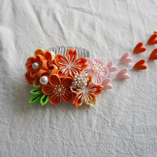 Handmade Japanese Traditional Tsumami Kanzashi Hair Clip Pin Comb Kimono Yukata Outfit Wedding Ornament Pink Orange Sakura Flower