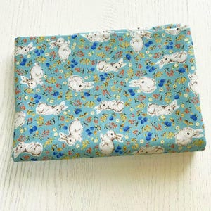 Japanese Vintage Blue Linen Cotton Fabric Printed with Lovely White Rabbits —1/2 Yard image 3