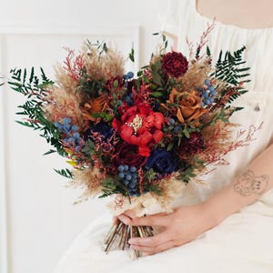Rustic boho Wedding Bouquet,Red Artificial Faux Flowers Home Wedding Decor,bridal bridesmaids bouquets,Pampas grass bouquet