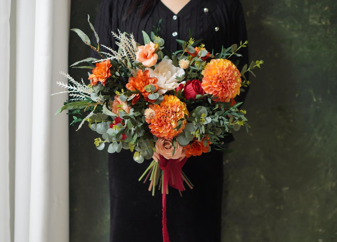 Orange Red Pink Silk Rose Peony Bridal Bouquet, Wedding Bouquet ...