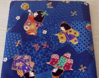 Vintage Japanese Cotton Fabric Blue Fabric Printed with Sweet Girls in kimono Playing Temari Ball—1/2 Yard