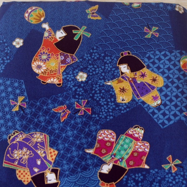 Vintage Japanese Cotton Fabric Blue Fabric Printed with Sweet Girls in kimono Playing Temari Ball—1/2 Yard