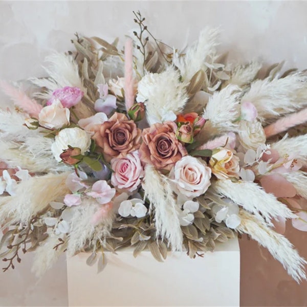 Mauve, Baby Pink, and white Pampas Flower Arch Arrangement, Boho Wedding Decor, Wedding Backdrop, Swag For Arch