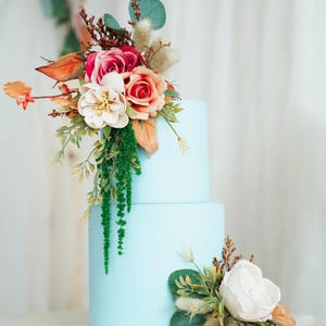 A set of two wedding cake toppers, White/Pink floral cake decorations, green leaf cake topper flowers, rustic-style wedding.