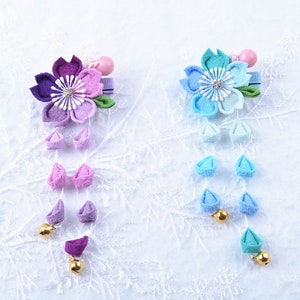 Handmade Japanese Traditional Tsumami Kanzashi Hair Clip Pin Kimono Yukata Outfit Wedding Ornament purple blue Sakura Beautiful Flower Falls