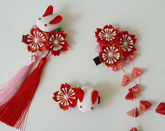 Handmade Japanese Traditional Tsumami Kanzashi Hair Clip Pin Kimono Yukata Outfit Wedding Ornament Watermelon Red Sakura Cute White Rabbit