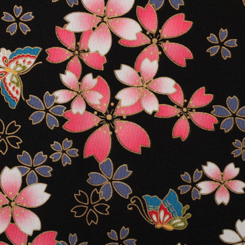 Vintage Japanese Cotton Fabric Floral Fabric with Sakura Flowers Twigs ,for Tablecloth,Doll ,Home Décor ETC 1/2 Yard Black