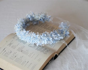 Preserved Natural real flower crown, light blue hydrangea, half crown, half wreath, Floral bridal, Bridesmaid kanzashi for wedding