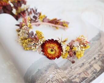 Couronne de fleurs séchées, couronne de fleurs séchées colorées, casque floral rustique, couronne de fleurs fillette fleurs naturelles