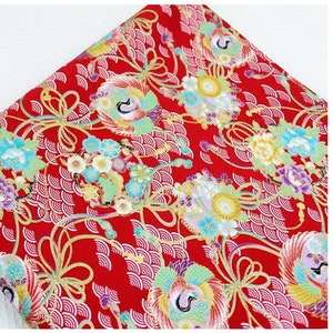 Tela de algodón japonesa vintage con diseño de pájaro grulla, azul, negro y rojo, 1/2 yarda, para ropa, vestidos, bolsos, carteras, etc.