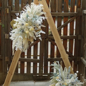 Beige Palm Fan Arch arrangement/White Pampas,Dusty blue Silk flowers -Event Backdrop Floral Wedding Arch Arrangement