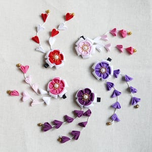 Handmade Japanese Traditional Tsumami Kanzashi Hair Clip Pin Kimono Yukata Outfit Wedding Ornament White Purple Pink Sakura Beautiful Falls