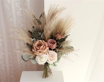 Rustic boho Wedding Bouquet,Artificial Faux Flowers Home Wedding Decor,bridal bridesmaids bouquets,Pampas grass bouquet