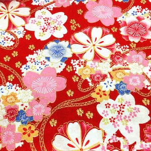 Vintage Japanischer Roter Baumwollstoff Blumenstoff mit Rosa Weißen Sakura Blumen Zweigen, für Tischdecke, Puppe, Wohnkultur ETC -1/2 Yard
