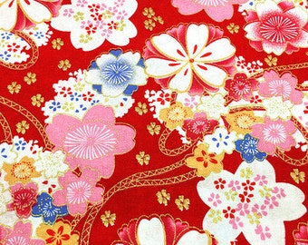 Vintage Japanese Red Cotton Fabric Floral Fabric with Pink White Sakura Flowers Twigs ,for Tablecloth,Doll ,Home Décor ETC –1/2 Yard