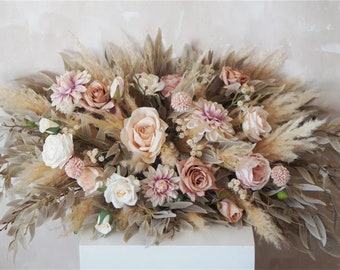 Ivory/Ecru/ Beige Silk flowers, Beige Pampas Flower Arch Arrangement, Boho Wedding Decor, Wedding Backdrop, Swag For Arch