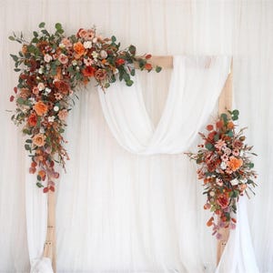 Artificial flowers Wedding Archway, Terracotta, Orange,,Green EucalyptusWedding Corner Swag, Wedding Backdrop, Wedding Arch Decor