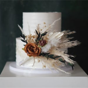 Adorno para tarta de bodas, decoración floral para tarta con rosas de terracota, abanico blanco, flores para tarta de pampas, boda bohemia