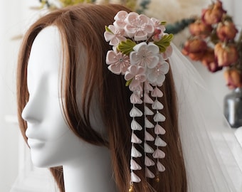 Fait à la main japonais traditionnel Tsumami Kanzashi Hair Clip Pin Kimono Yukata Outfit Wedding Ornament Bride sakura rose avec des chutes de fleurs