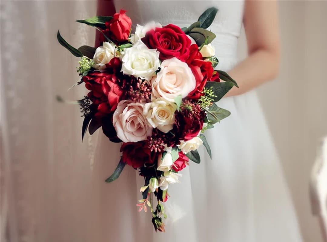 Cascading Red White Silk Rose Greenery Bridal Bouquet Wedding Bouquet ...
