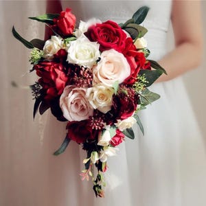 Cascading Red White silk Rose greenery Bridal bouquet wedding bouquet, wedding flowers bridesmaid wedding flowers, rustic boho wedding