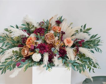 Burgundy flowers, White Pampas Flower Arch Arrangement, Boho Wedding Decor, Wedding Backdrop, Swag For Arch