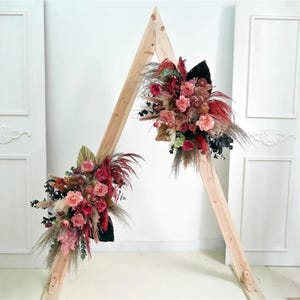 Black &Beige palm fans Arch arrangement/Burgundy Silk flowers /Pampas Backdrop arrangement -|Fall Wedding arch flowers