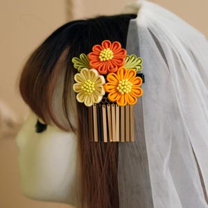 Handmade Japanese Traditional Tsumami Kanzashi Hair Clip Pin Comb Kimono Yukata Outfit Wedding Ornament orange Sakura Flower