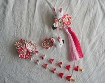 Handmade Japanese Traditional Tsumami Kanzashi Hair Clip Pin Kimono Yukata Outfit Wedding Ornament Pink and Red Sakura and Cute White Rabbit