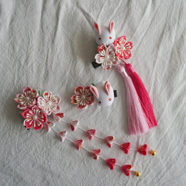 Handmade Japanese Traditional Tsumami Kanzashi Hair Clip Pin Kimono Yukata Outfit Wedding Ornament Pink and Red Sakura and Cute White Rabbit