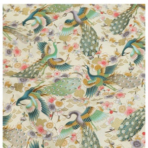 Vintage Blue Pink White Cotton Fabric with Gorgeous  Peacock ,for Bag Purse ,Wallet ,Dress ETC --Half Yard