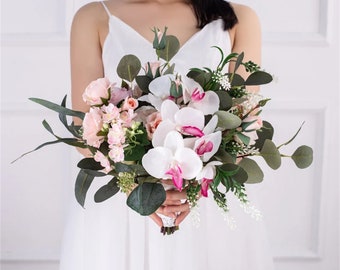 pink white silk Rose orchid greenery Bridal bouquet,wedding bouquet, wedding flowers ,bridesmaid wedding flowers, rustic boho wedding
