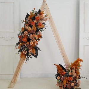 Tangerine Silk Flowers Arch arrangement/ Black Palm Fans / Backdrop arrangement -|Pampas Wedding arch flowers
