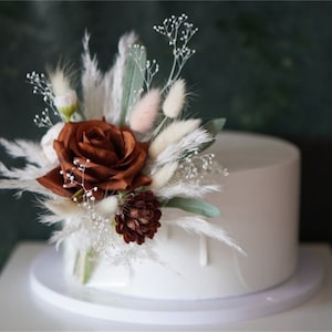 Topper de pastel de boda, Babysbreath de rosas de terracota, cola de liebre, decoración de pastel floral, topper de pastel, flores de pastel de pampas, boda boho