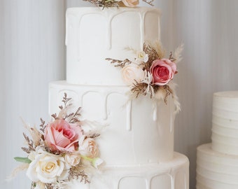 Set of 3  Wedding Cake Topper, Blush pink Cake Decoration, Pampass Cake Flowers, Rustic Wedding, Boho Wedding