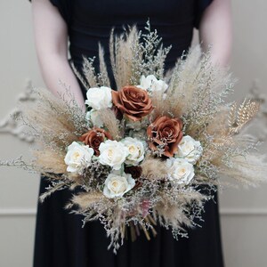 Terracotta/ Champagne Silk flowers wedding bouquet, Pampas Dried flowers Wedding bridal bridesmaids bouquets, Rustic Bobo Wedding Bouquet