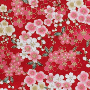 Vintage Japanischer Roter Baumwollstoff Blumenstoff mit Rosa Weißen Sakura Blumen Zweigen, für Tischdecke, Puppe, Wohnkultur ETC -1/2 Yard