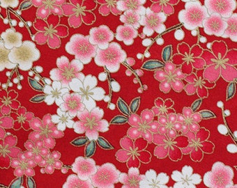Special  for Tessa--Vintage Japanese Red Cotton Fabric Floral Fabric with Pink White Sakura Flowers Twigs--2 Yards