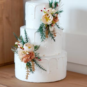 Set of 2 Wedding Cake Toppers, Orange Cake Flower,Green Leaf Cake Toppers, Rustic Wedding, Bohemian Wedding