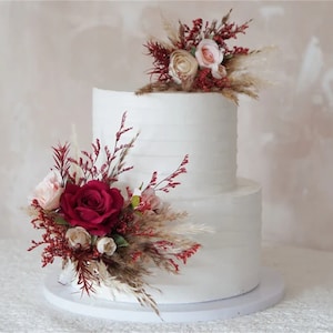 Set of 2  Wedding Cake Topper, Burgundy Red  Cake Decoration, Pampass Cake Flowers, Rustic Wedding, Boho Wedding