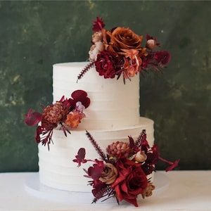 Set of three Wedding Cake Topper, Burgundy Red silk flowers, Artificial flowers Cake Topper Flowers, Rustic Wedding, Boho Wedding