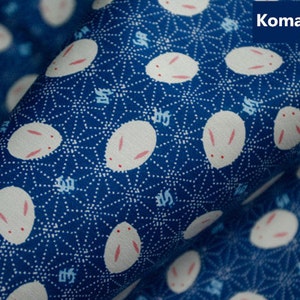 Japanese Vintage Blue Cotton Fabric Printed with Lovely White Rabbits —1/2 Yard