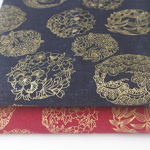 Vintage Japanese Blue Cotton Fabric ,Printed with Golden Flowers , Pine Leaves and Crane ,for Bag Purse ,Yukata ,Kimono ETC-- Half Yard