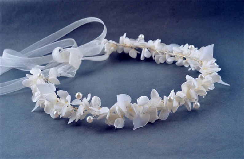 Preserved Natural real flower crown, white leaves hydrangea pearl,half crown,half wreath,Floral bridal, Bridesmaid kanzashi for wedding zdjęcie 5