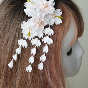 Handmade Japanese Traditional Tsumami Kanzashi Alligator Clip Kimono Yukata Outfit Wedding Ornament Bride white flowers sakura falls