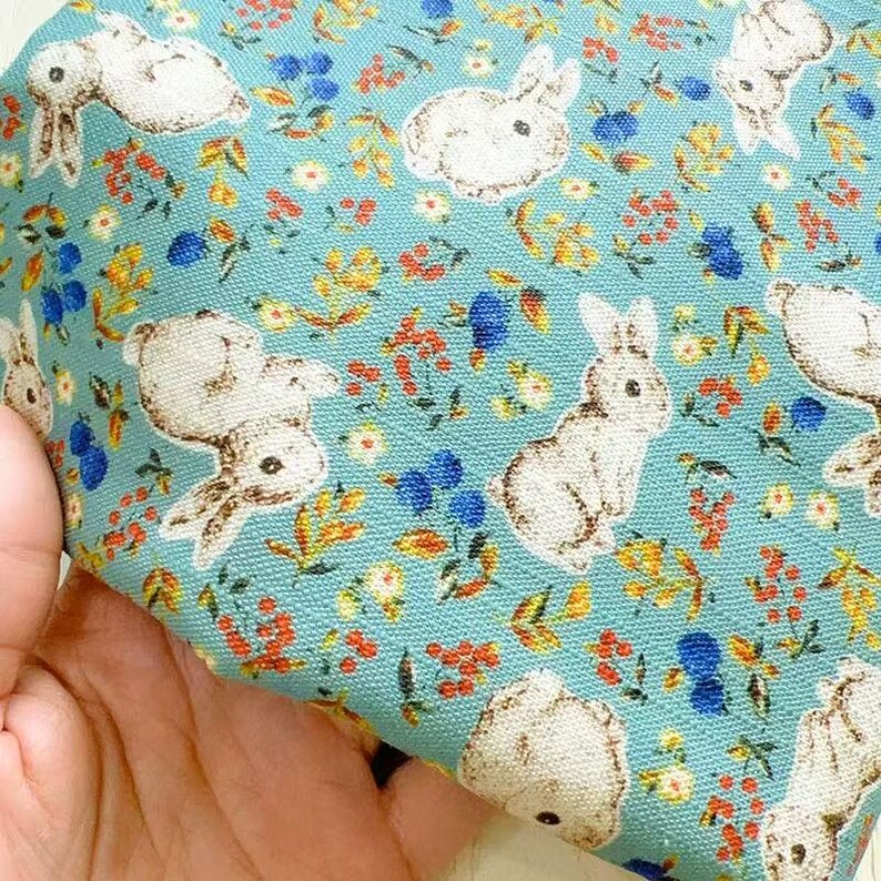 Japanese Vintage Blue Linen Cotton Fabric Printed with Lovely White Rabbits —1/2 Yard image 2